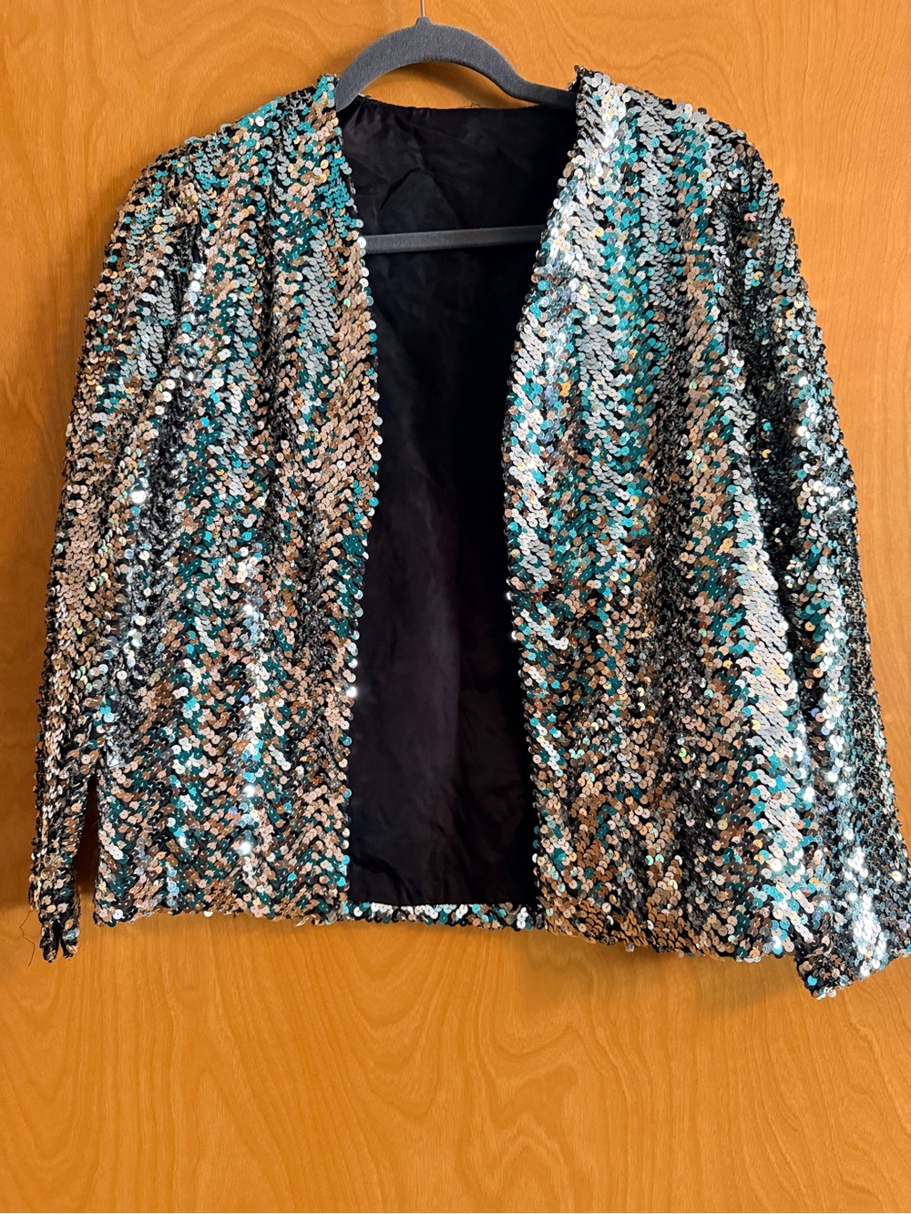 Vintage Silver Sequin Open-Front Jacket with Black Lining.
